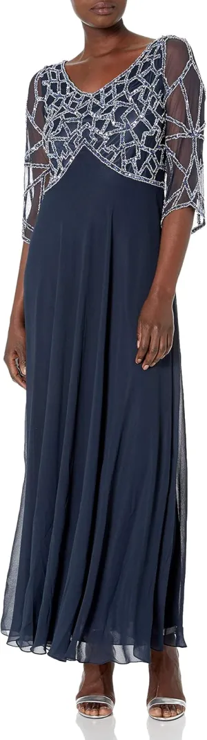 J Kara Women's 3/4 Sleeve Geo Beaded Gown