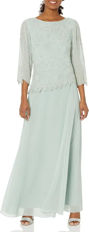 J Kara Women's 3/4 Sleeve Long Beaded Floral Design Dress