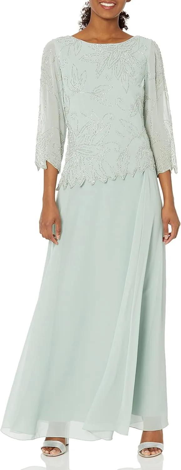 J Kara Women's 3/4 Sleeve Long Beaded Floral Design Dress