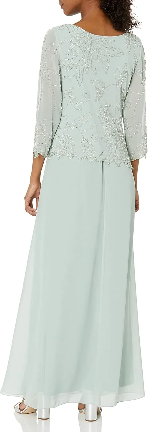 J Kara Women's 3/4 Sleeve Long Beaded Floral Design Dress