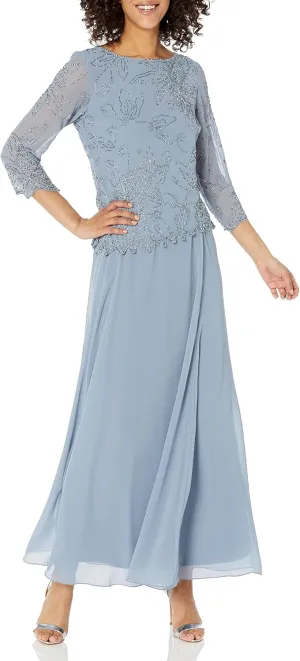 J Kara Women's 3/4 Sleeve Long Beaded Floral Design Dress