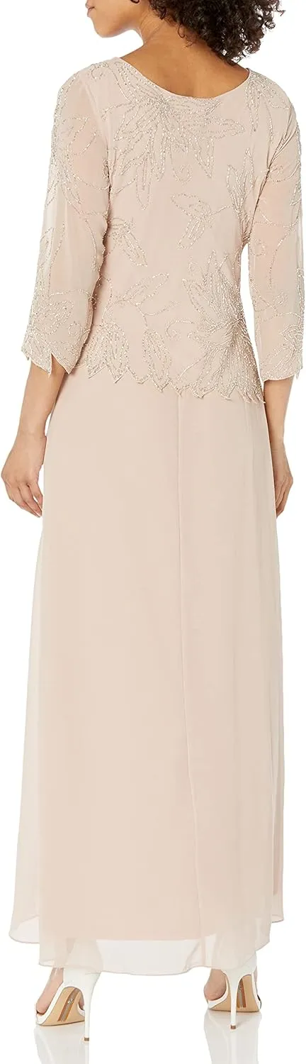 J Kara Women's 3/4 Sleeve Long Beaded Floral Design Dress