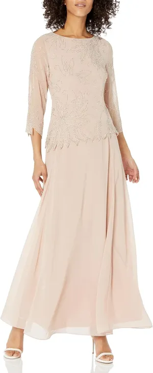 J Kara Women's 3/4 Sleeve Long Beaded Floral Design Dress