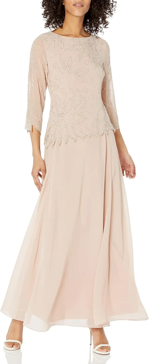 J Kara Women's 3/4 Sleeve Long Beaded Floral Design Dress