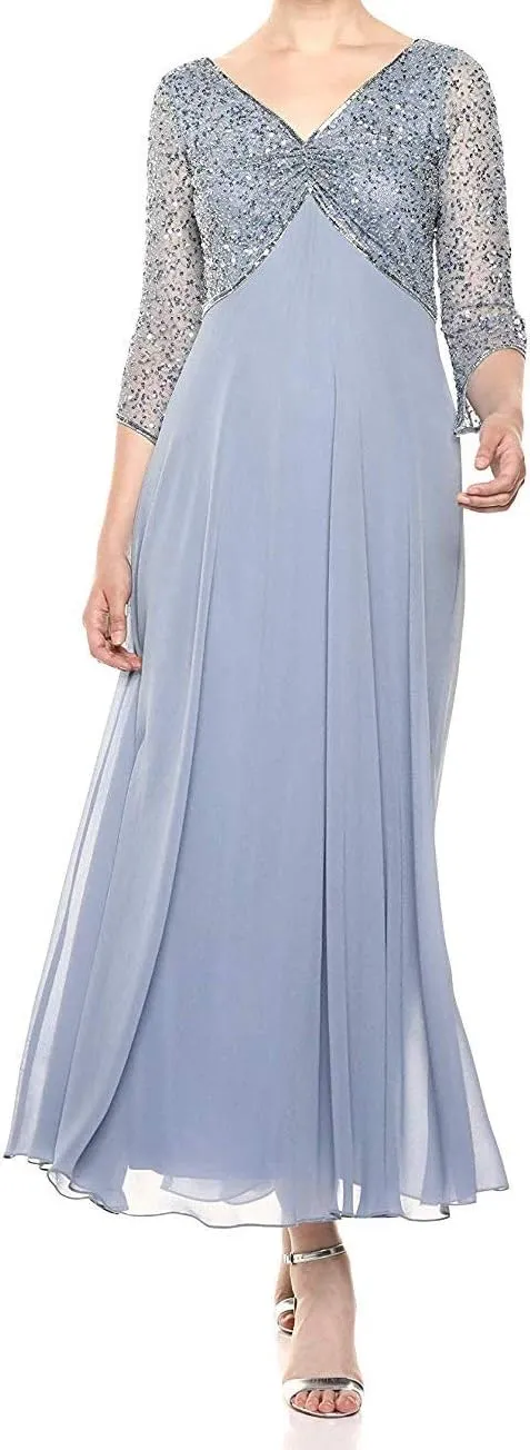 J Kara Women's 3/4 Sleeve V-Neck Beaded Top Long Gown