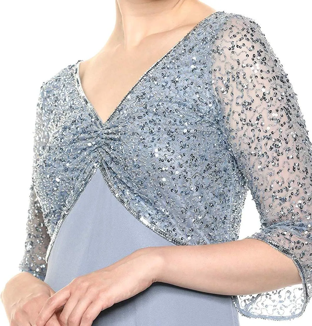 J Kara Women's 3/4 Sleeve V-Neck Beaded Top Long Gown