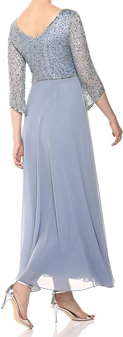 J Kara Women's 3/4 Sleeve V-Neck Beaded Top Long Gown