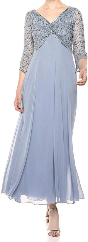 J Kara Women's 3/4 Sleeve V-Neck Beaded Top Long Gown