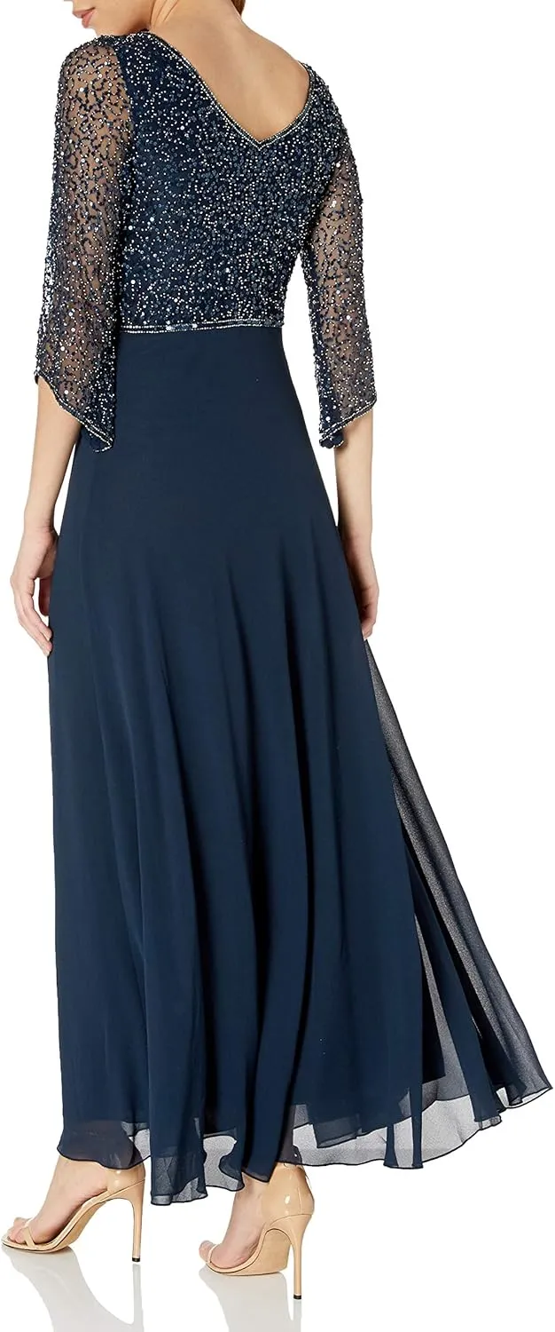 J Kara Women's 3/4 Sleeve V-Neck Embellished Top Long Dress