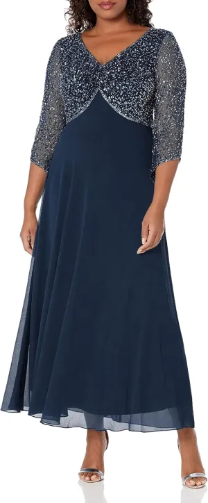 J Kara Women's 3/4 Sleeve V-Neck Embellished Top Long Dress