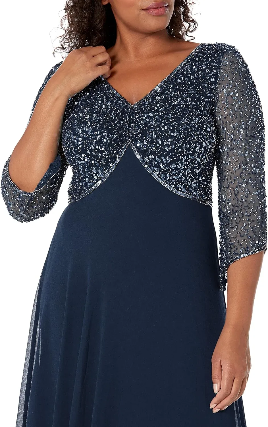 J Kara Women's 3/4 Sleeve V-Neck Embellished Top Long Dress