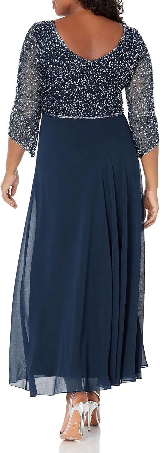 J Kara Women's 3/4 Sleeve V-Neck Embellished Top Long Dress