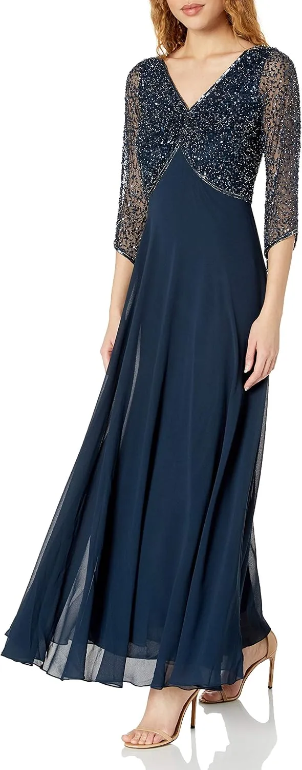 J Kara Women's 3/4 Sleeve V-Neck Embellished Top Long Dress
