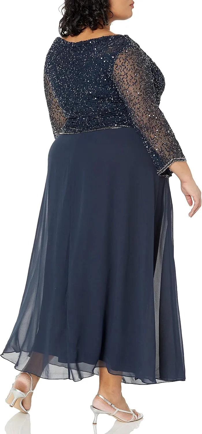 J Kara Women's 3/4 Sleeves Long Beaded Gown with Cowl Neck