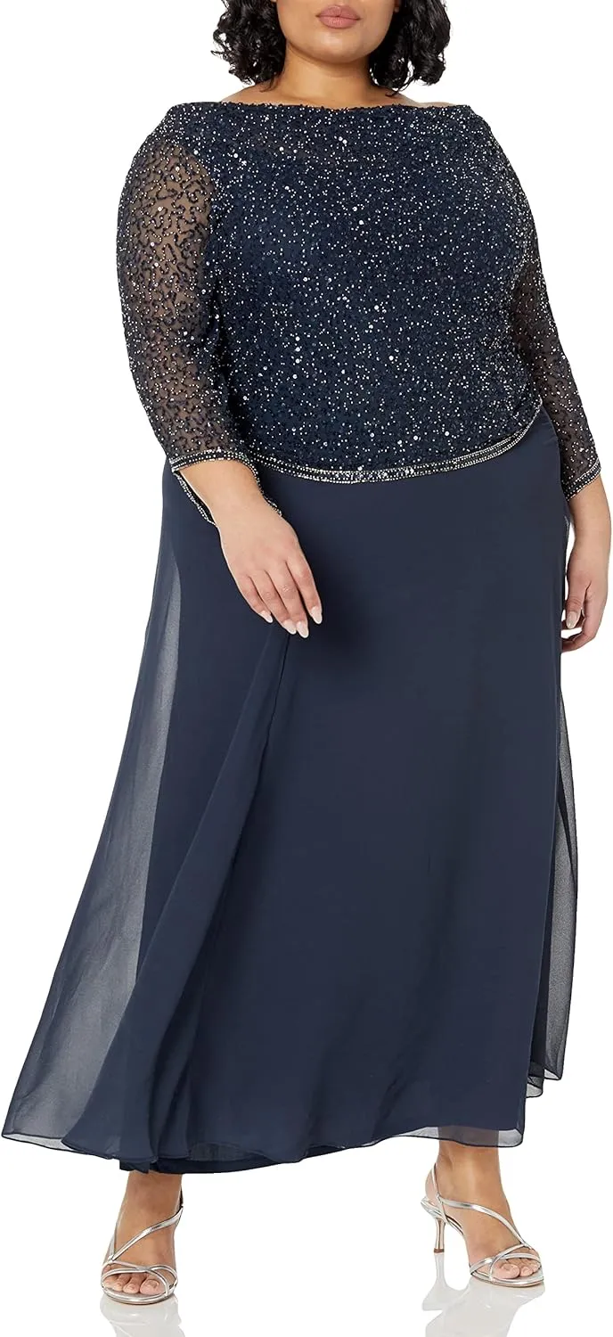 J Kara Women's 3/4 Sleeves Long Beaded Gown with Cowl Neck