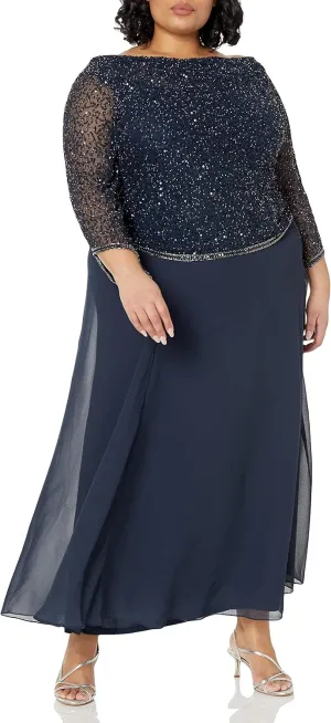 J Kara Women's 3/4 Sleeves Long Beaded Gown with Cowl Neck
