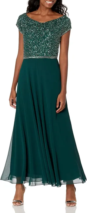 J Kara Women's Beaded Empire Waist Gown, Hunter/Mercury, 8