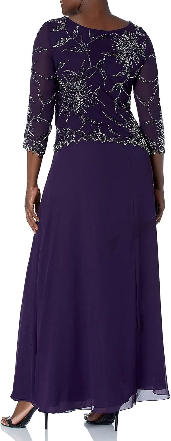 J Kara Women's Boat Neck 3/4 Sleeve Floral Beaded Chiffon Gown
