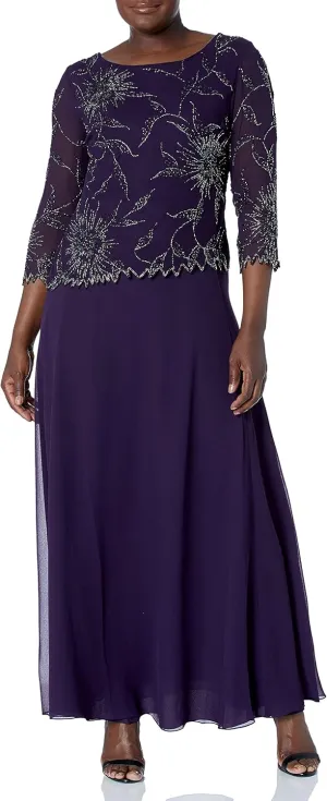 J Kara Women's Boat Neck 3/4 Sleeve Floral Beaded Chiffon Gown