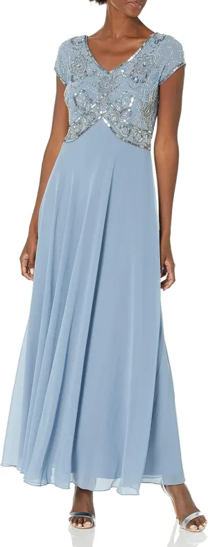 J Kara Women's Cap Sleeve V-Neck Beaded Top Gown