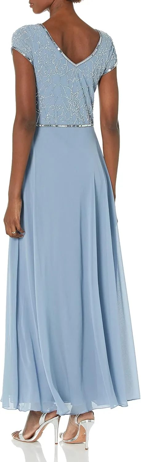 J Kara Women's Cap Sleeve V-Neck Beaded Top Gown