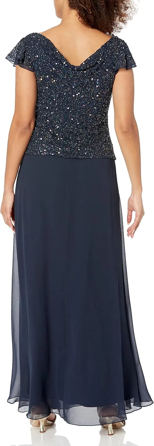 J Kara Women's Long Beaded Cowl Neck Flutter Sleeve Dress