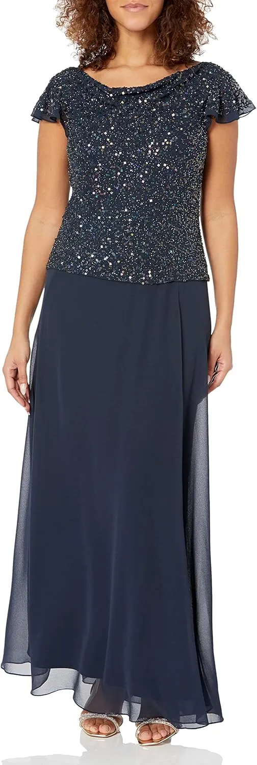 J Kara Women's Long Beaded Cowl Neck Flutter Sleeve Dress