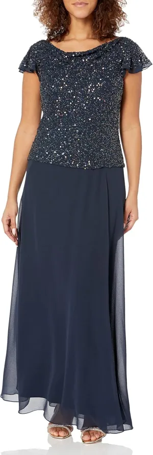 J Kara Women's Long Beaded Cowl Neck Flutter Sleeve Dress