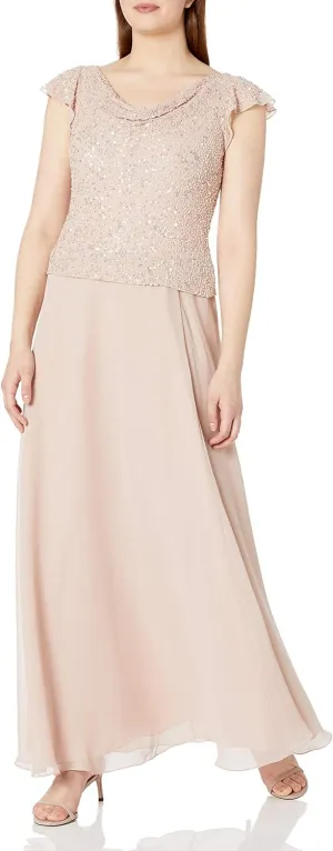 J Kara Women's Long Beaded Cowl Neck Flutter Sleeve Gown Dress