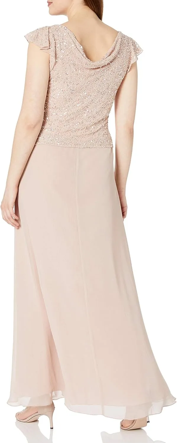 J Kara Women's Long Beaded Cowl Neck Flutter Sleeve Gown Dress