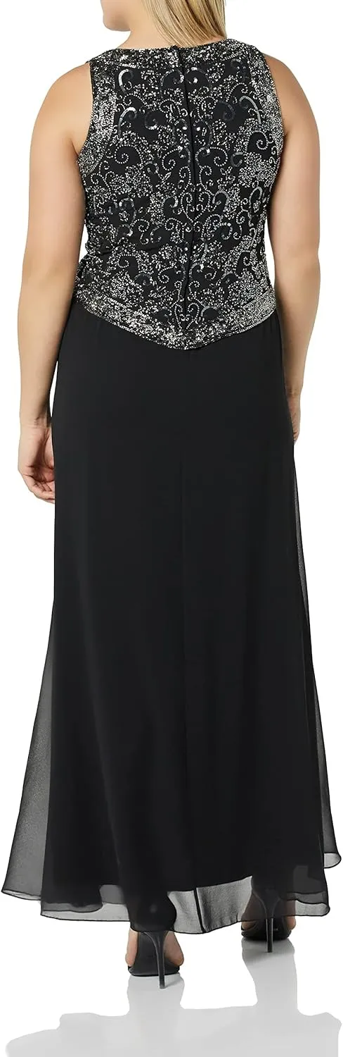 J Kara Women's Long Beaded V-Trim Detailed Gown with Scarf