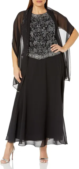 J Kara Women's Long Beaded V-Trim Detailed Gown with Scarf