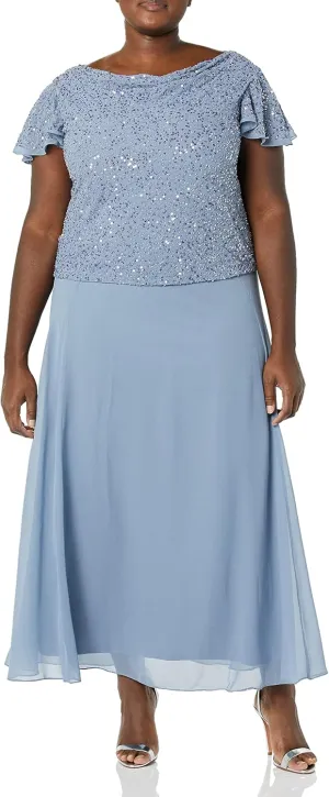 J Kara Women's One Size Long Beaded Cowl Neck Flutter Sleeve Gown Dress
