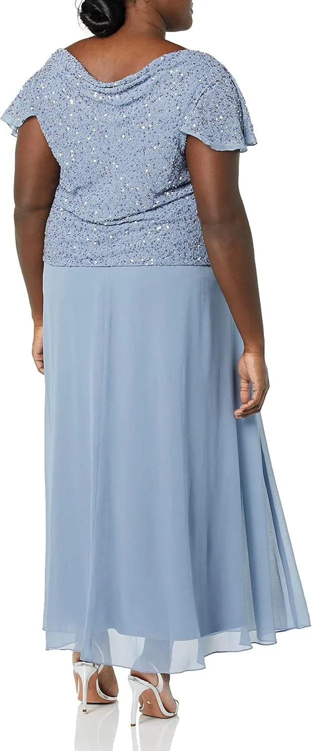 J Kara Women's One Size Long Beaded Cowl Neck Flutter Sleeve Gown Dress