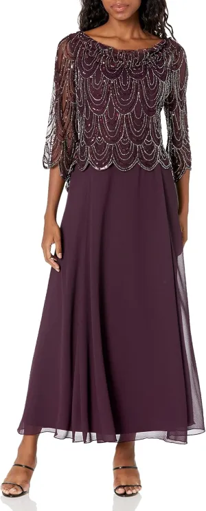 J Kara Women's Petite 3/4 Scallop Beaded Pop Over Gown