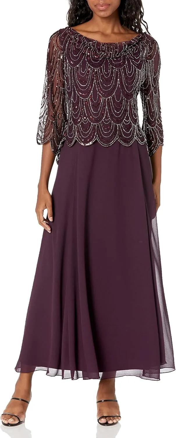 J Kara Women's Petite 3/4 Scallop Beaded Pop Over Gown