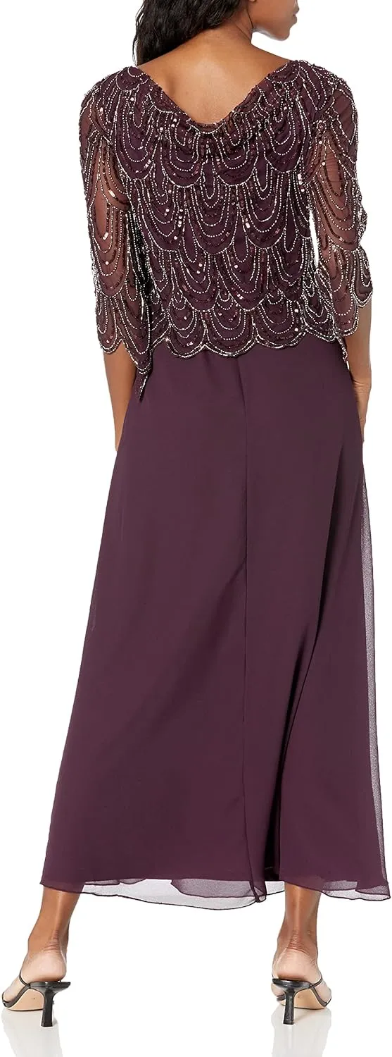 J Kara Women's Petite 3/4 Scallop Beaded Pop Over Gown