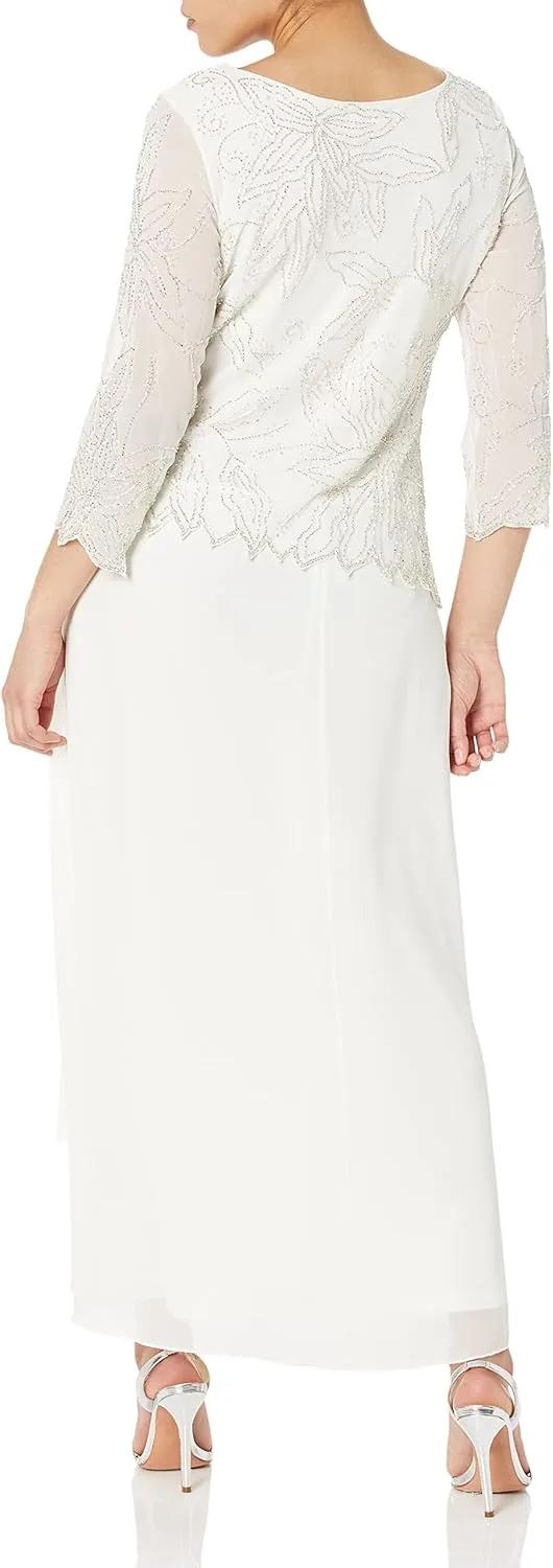 J Kara Women's Petite 3/4 Sleeve Long Beaded Floral Design Dress