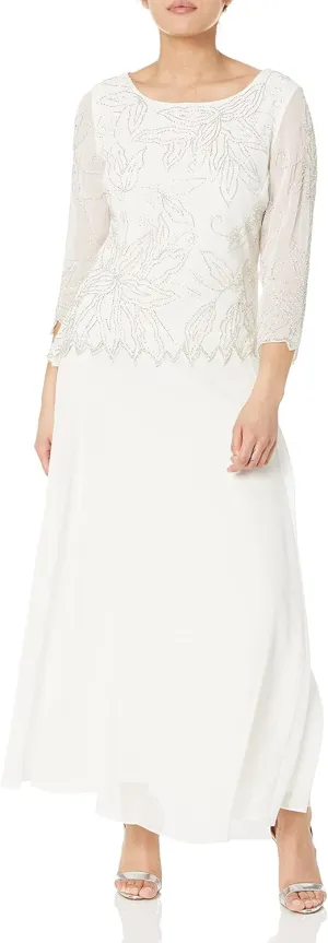 J Kara Women's Petite 3/4 Sleeve Long Beaded Floral Design Dress