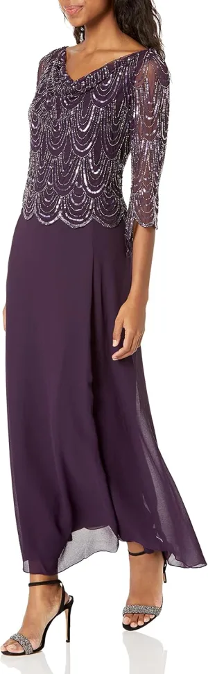 J Kara Women's Petite 3/4 Sleeve Scallop Beaded Design Long Dress