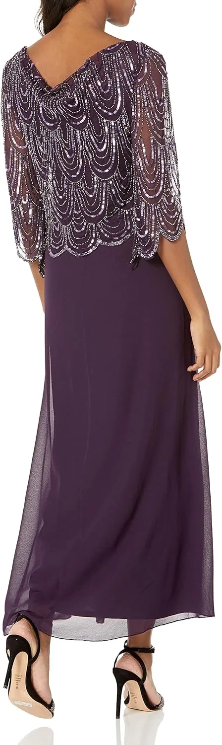 J Kara Women's Petite 3/4 Sleeve Scallop Beaded Design Long Dress