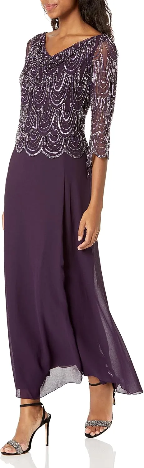 J Kara Women's Petite 3/4 Sleeve Scallop Beaded Design Long Dress