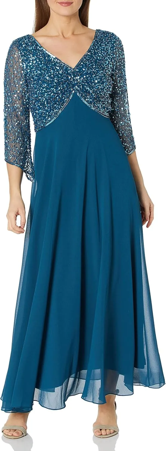 J Kara Women's Petite 3/4 Sleeve V-Neck Beaded Top Long Gown