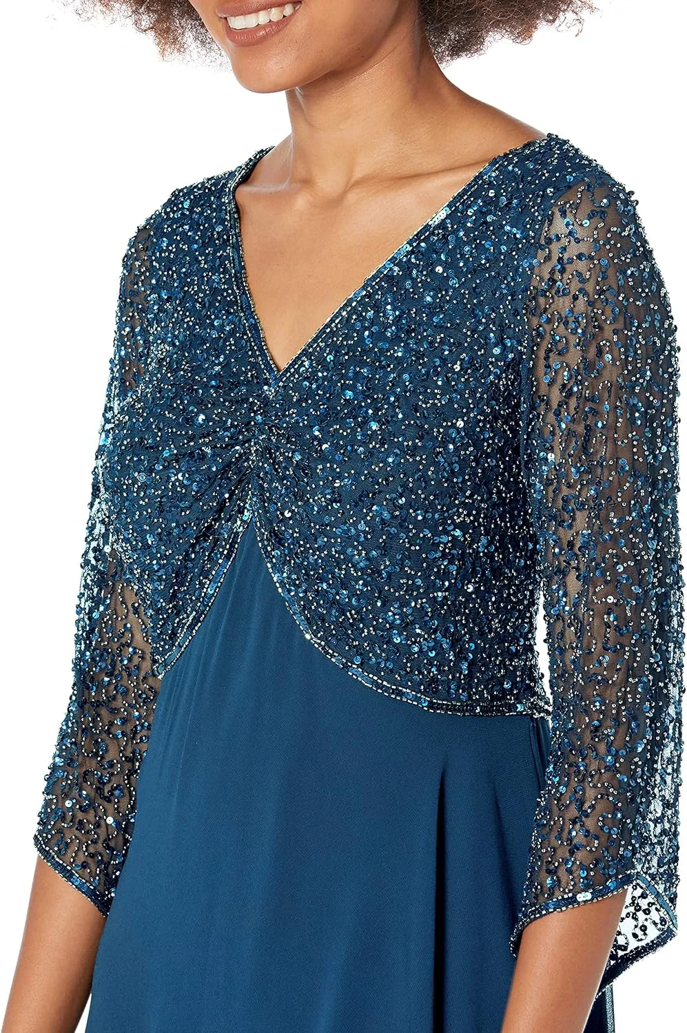 J Kara Women's Petite 3/4 Sleeve V-Neck Beaded Top Long Gown