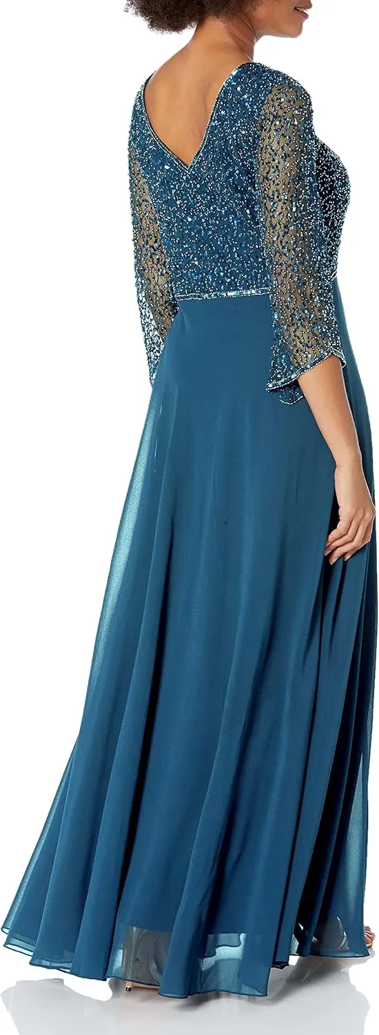 J Kara Women's Petite 3/4 Sleeve V-Neck Beaded Top Long Gown