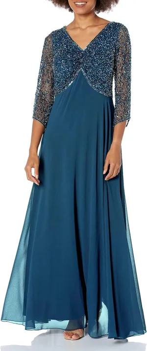 J Kara Women's Petite 3/4 Sleeve V-Neck Beaded Top Long Gown