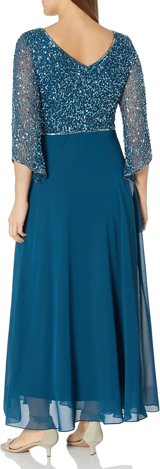 J Kara Women's Petite 3/4 Sleeve V-Neck Beaded Top Long Gown