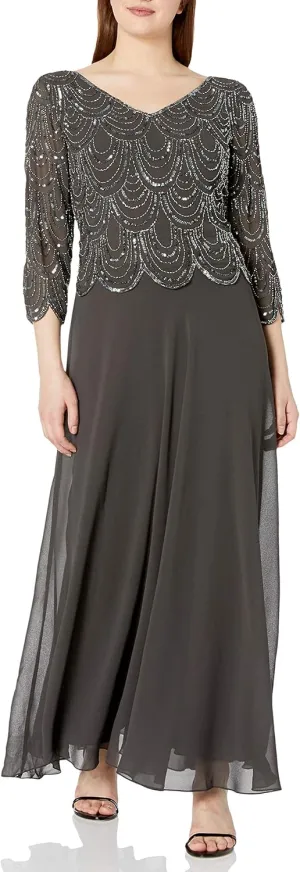 J Kara Women's Petite 3/4 Sleeve with Scallop Beaded Pop Over Gown