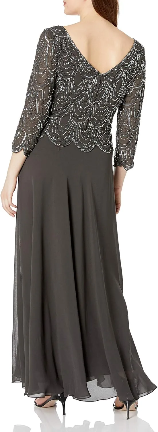 J Kara Women's Petite 3/4 Sleeve with Scallop Beaded Pop Over Gown