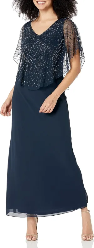 J Kara Women's Petite Beaded Capelet Long Dress